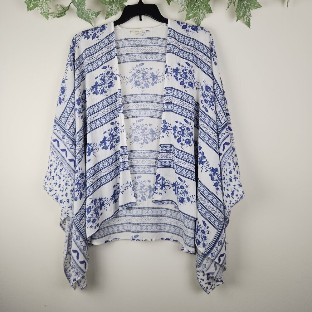 Vestique Size S Boho Floral Blue White Beachy Open Front Kimono Relaxed Fit